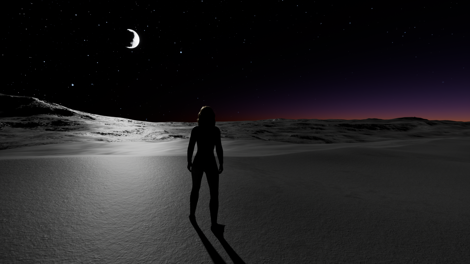 A character standing on Selene beneath a crescent body and measured celestial light